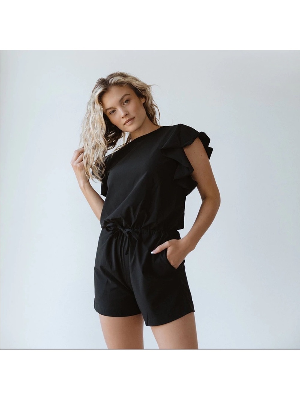Albion Fit Black Ruffle Trimmed Sprinter Shorts Romper Stretch Size XS